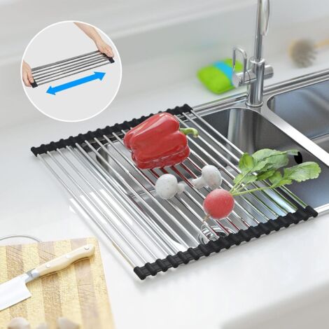 Séchoir à Vaisselle Enroulable, Égouttoir à Vaisselle Enroulable Égouttoir Grille Séchage, Séchoir à Vaisselle Roll-Up en Acier Inoxydable Pliable Évier Égouttoirs de Cuisine, 43x35cm