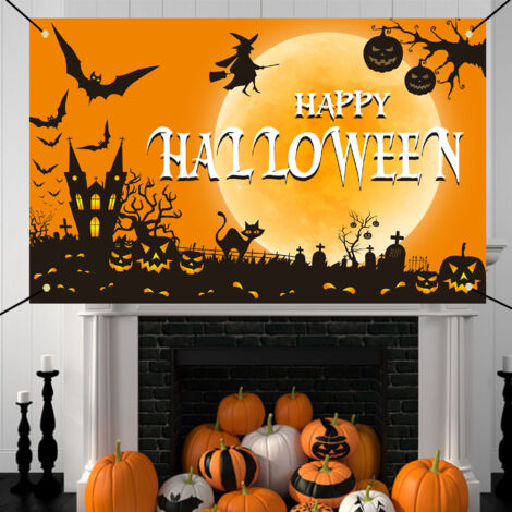 Bannière d Halloween, bannière de décoration de citrouille, police créative d Halloween effrayante atmosphère de festival de nuit noire drapeau suspendu décoratif 180 × 110 CM (1/4)