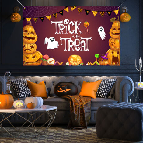 Bannière d Halloween, bannière de décoration de citrouille, police créative d Halloween dessin animé citrouille atmosphère festive drapeau suspendu décoratif  180 × 110 CM (1/4)