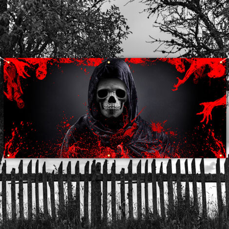 Bannière d Halloween, bannière de décoration de citrouille, drapeau suspendu de décoration d ambiance festive de crâne d horreur taché de sang d Halloween 180 × 400CM (1/4)