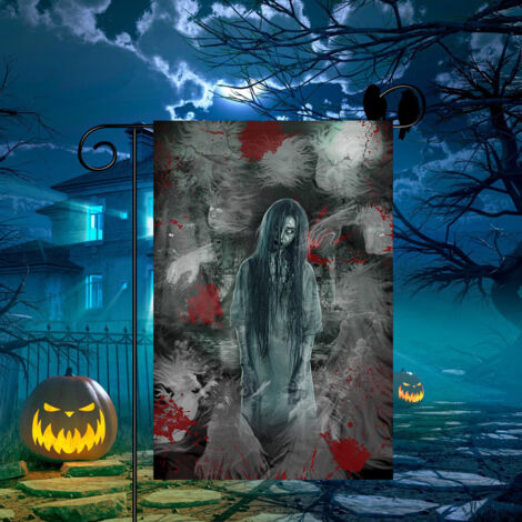 Drapeau d Halloween, drapeau d Halloween, drapeau décoratif fantôme féminin effrayant, drapeau de jardin de cour d impression numérique double face en lin de style nordique (30 × 45 cm) (1/4)