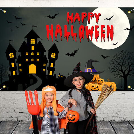 Bannière d Halloween, bannière de décoration de citrouille, police d Halloween horreur nuit sombre atmosphère de festival drapeau suspendu décoratif 180 × 110 CM (1/4)