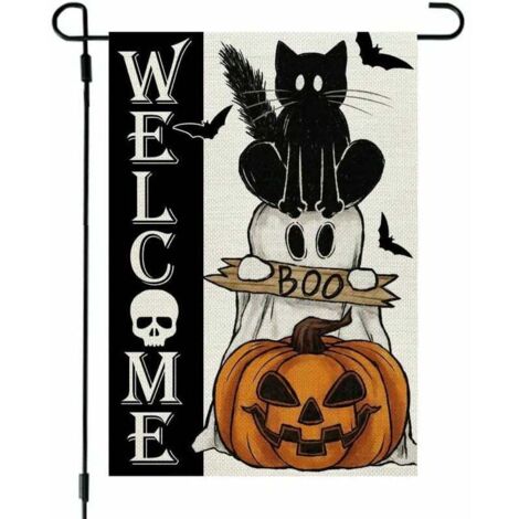 Halloween Ghost Cat Garden Banner 30 x 45 cm Petite toile de jute double face Welcome Seasonal Holiday Yard (1/4)