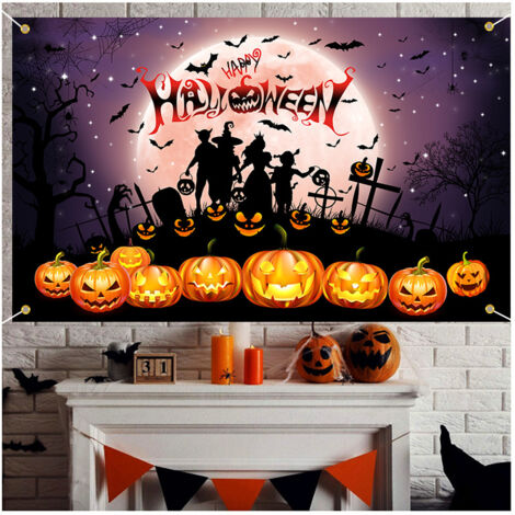 Bannière d Halloween,  bannière de décoration de citrouille, police créative d Halloween effrayante atmosphère de vacances de citrouille drapeau suspendu décoratif 180 × 110 CM (1/4)
