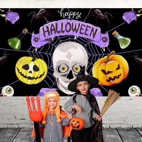 Bannière d Halloween, bannière de décoration de citrouille, drapeau suspendu de décoration d ambiance festive de crâne de citrouille effrayant d Halloween 180 × 110CM (1/4)