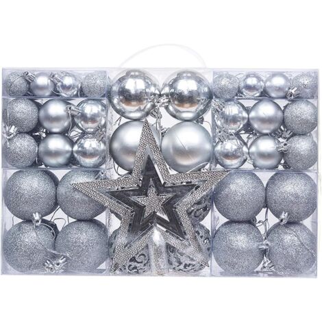 Lot de 101 décorations de sapin de Noël - Étoile à paillettes et 100 boules avec emballage - Décoration de Noël pour l'intérieur et l'extérieur - Barres de traction en plastique - argent - Taille (1/4)