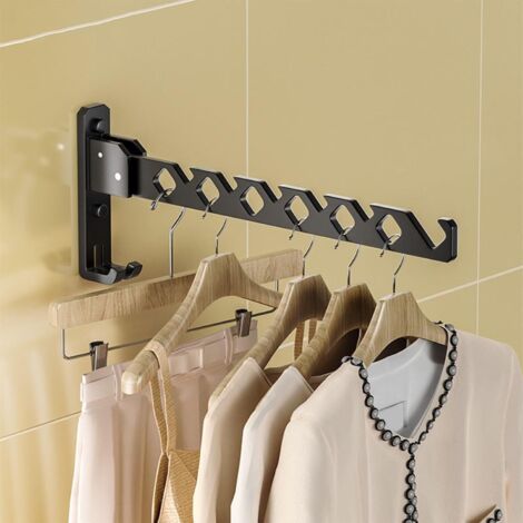 Support mural universel pour cintres, étendoir à linge, étendoir mural télescopique pliable en aluminium pour intérieur, gain de place dans la buanderie ou la chambre (noir) (1/4)