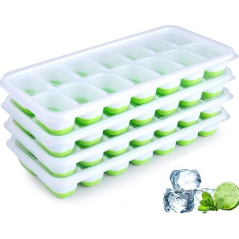 Lot de 4 bacs à glaçons avec couvercles – 56 grands glaçons, empilables et durables, bac à glaçons en silicone/plastique facile à démouler pour cocktails, café, whisky – Sans BPA, passe au lave-vaisse (1/4)