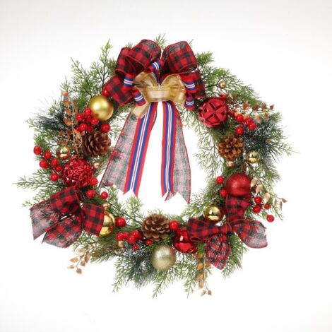2 couronnes de Noël, nœuds, boules de Noël, pommes de pin, décorations de porte de Noël, décorations de fêtes (1/4)