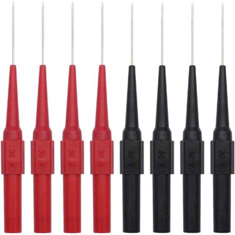 Lot de 8 sondes de test pour multimètre, pointe fine en acier inoxydable 0,7 x 20 mm, pour perçage d'isolant, destinées aux électriciens professionnels et aux laboratoires (multimètre - noir et rouge) (1/4)