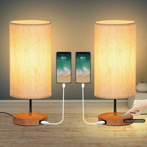 Lot de 2 lampes de chevet tactile – 3 températures de couleur – Port USB – Éclairage LED 6W – Abat-jour en tissu pour salon et chambre