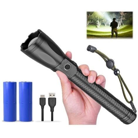 Lampe torche LED 15000 lumens, version améliorée torche rechargeable, torche de camping super lumineuse, XHP70.2, étanche IP56, zoomable (noir)- (1/5)