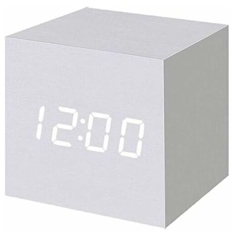 Réveil numérique à LED en Bois, Horloge Cubique Numérique avec Affichage Date et Température, Prise USB / Batterie (Blanc) (1/5)