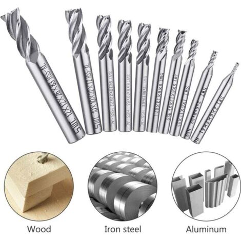 Jeu de 10 forets à 4 goujures - 0,2-1,2 cm HSS à queue droite pour perceuse CNC, compatible avec le bois, l'aluminium, l'acier et le titane. (1/4)