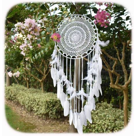 Grand Boho Capteur de rêves Plume Blanche Macramé Tenture Murale Vintage Wedding Home Décorations 35cm Cercle 115cm Long (1/4)