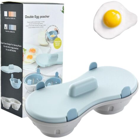 Pocheuse à œufs - Ensemble de chaudière à œufs en silicone comestible à 2 cavités, double coquetiers pour œufs durs, bleu (1/4)