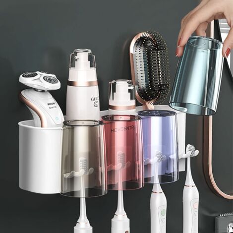 KOMABLEN Porte Brosse à Dents Mural, 304 Acier Inoxydable Support Brosse a Dent Electrique, Auto-Adhésif Range Accroche Brosse a Dent Murale avec Boîte Amovible pour 4 Têtes de Brosse à Dents