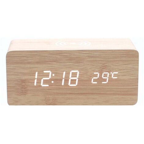 Réveil en bois beige avec chargeur sans fil, compatible iPhone et Samsung, affichage numérique LED, fonction de contrôle du son, affichage de l'heure, de la date et de la température. (1/3)