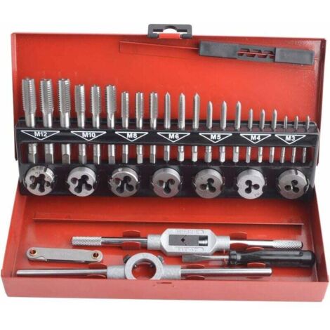 Coffret de 32 Pièces Tarauds et Filières en Acier Allié au Tungstène Métrique Taraud et Filière Vis Outils de Coupe Kit de Filetage de Forage Conique avec étui de Rangement-Fei Yu