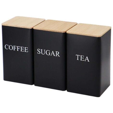 Bocaux de conservation pour la cuisine - Lot de 3 - Boîtes hermétiques pour café, thé et sucre - Couvercles en bambou résistants à l'humidité - Étiquettes personnalisables incluses - Noir (1/4)