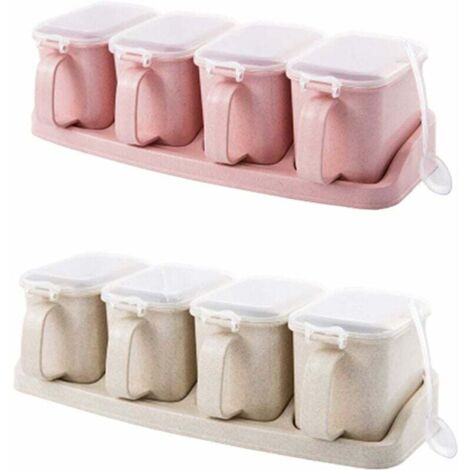 2 Pièces Boîte D'assaisonnement à 4 Compartiments, Assaisonnement Box, Boîte à épices, Boîte à Condôments, Ustensiles de Cuisine, pour Sucre, épices, Sel, Poivre Poudre(Beige, Rose)-Fei Yu (1/4)