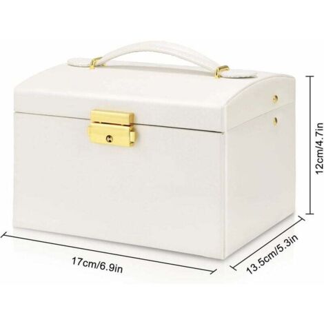 Boîte à bijoux, étui à bijoux avec 3 niveaux en cuir PU verrouillable pour montres, bagues et chaînes Blanc-Fei Yu (1/4)