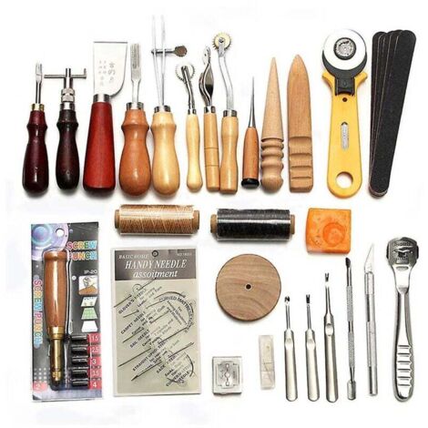 Kit d'outils de maroquinerie 37 pièces pour couture à la main, poinçon, sculpture, rainureuse de selle (1/4)