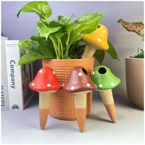 Pointes d'arrosage en argile, 4 pièces, motif champignon coloré, système d'irrigation automatique, terre rouge, entretien des plantes de jardin, outils d'arrosage de pelouse, jardinage facile,