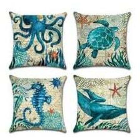 Extérieur Housse De Coussin, Lot De 4 Imperméable La Vie Marine Bleue Motif Canapé Taie D'oreiller Pour Patio Jardin Salon Chambre Décoration, 45x45cm (1/4)