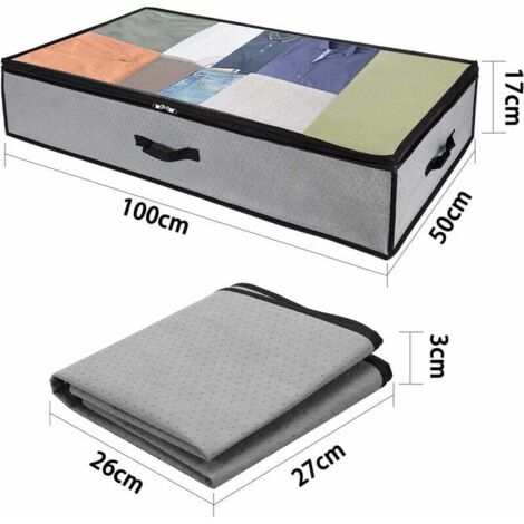 Sac de Rangement Vetement Lot de 2, Rangement sous Lit Grande Non-Tisse Sac Boîte Tissu Poignee pour Couette Vetements Edredons Couvertures Oreillers Jouets (50x 100 x 17 cm), Gris-Fei Yu (1/4)