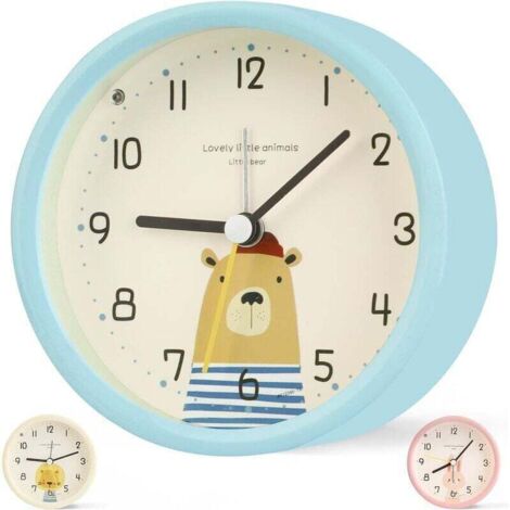 Réveil Enfant Analogique Garçon Fille Silencieux Horloges de Table alimentées par Batterie sans coutil de Chevet Grande Fonction Light pour Bureau de Chambre (Bleu-3) (1/4)