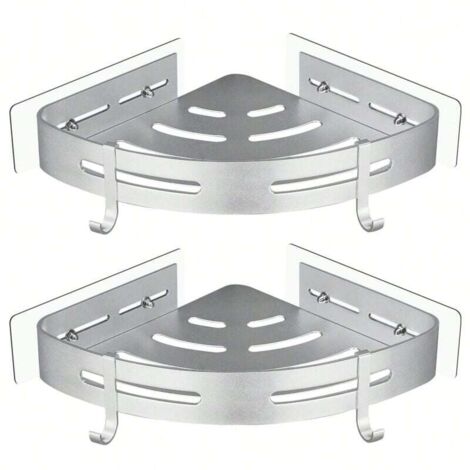 Étagère de douche d'angle, sans perçage, sangle métallique, 2 crochets, antirouille, autocollante, accessoires de salle de bain (argent) (1/4)