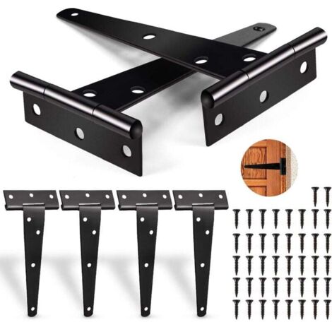Charnières en T 6 PCS, Robuste Noirs Charnières, Charnière Porte Lourde Capacité de poids 25 kg, Charnières Pliables avec 42 PCS de vis Charnières Robustes pour Portes,Fenêtres,Abris de Jardin-Fei Yu (1/4)