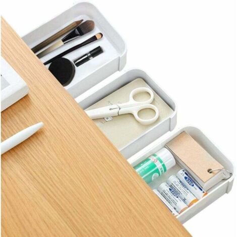 Organisateur de bureau caché 3 pièces pouRôtiroir auto-adhésif, tiroir de bureau de base pour étui à crayons, Boîte à stylos pouRôtiroir blanc, bureau caché pour table de bureau-Fei Yu (1/4)