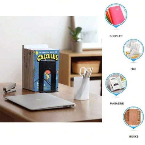 Lot de 4 paires de serre-livres robustes pour étagères, base antidérapante, noir, parfaits pour les bibliothèques, les bureaux, les maisons, les écoles et plus encore. (1/4)