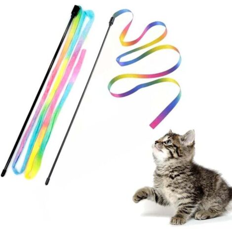 Lot de 2 jouets interactifs en forme de bâton arc-en-ciel pour chat, bâton de jeu interactif pour chat, breloque en ruban coloré (1/3)