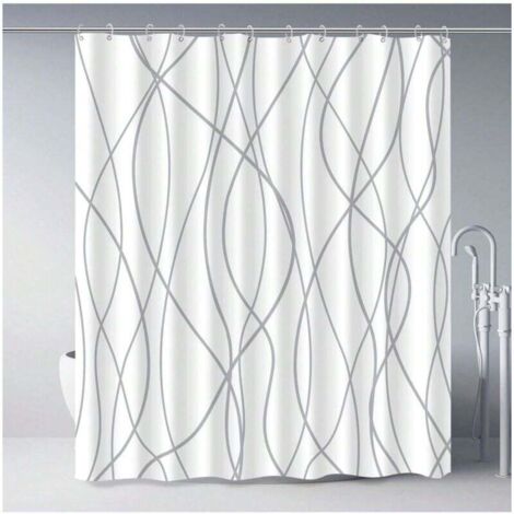 Rideau de douche en polyester rayé gris et blanc pour salle de bain avec crochets, rideaux 180 x 180 cm, ourlet lesté, accessoires de salle de bain style hôtelier - imperméable, lavable en machine, dé (1/4)