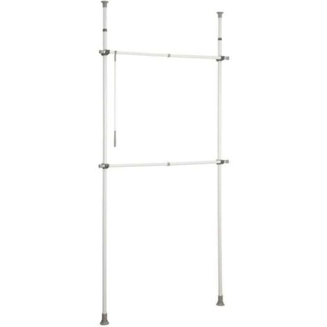 Portant vêtement téléscopique Dressing sur Mesure Herkules Basic , Garde Robe 2 tringles 1 crochet Solution sans perçage, réglable Longueur Hauteur, Acier, 75-120x165-300x11cm,Blanc (1/4)