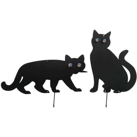 Epouvantail oiseau en forme de Chat, Epouvantail de jardin, éloigne les oiseaux indésirables du jardin, Lot de 2, Yeux Verre - Fer, 37x24 cm, Yeux multicolore - Noir (1/4)