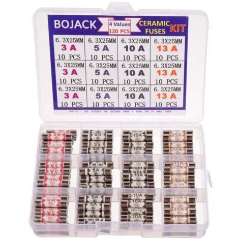 4 Valeurs 120 pièces 3 5 10 13 A ampère 240 V Volt Fiche secteur du ménage Fusible 6.3x25 mm 0.25x1Inch BS1362 Cartouche de tubes en céramique avec fusibles Kit d'assortiment