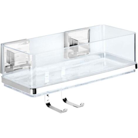Etagère murale salle de bain Quadro, Panier de douche avec crochet, fixation sans perçage Vacuum-Loc®, repositionnable sans résidus, acier inox-plastique, 22,5x8,5x14 cm, brillant-transparent (1/4)