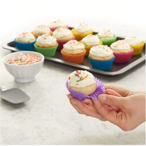 Moules à cupcakes ronds en silicone, monobloc, réutilisables, 24 pièces/paquet (résistants au four jusqu'à 220 °C), multicolores (1/4)