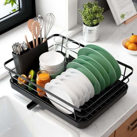 Egouttoir Vaisselle Cuisine - Egoutoire Compact et Gain de Place, Seche Vaisselle en Acier Inoxydable avec Porte-Couverts, 29,0 x 38,1 x 12,7 cm, Noir (1/4)