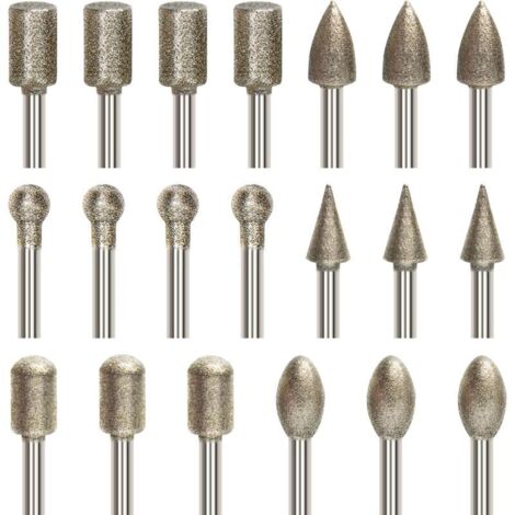 Jeu de 20 fraises rotatives et de meulage, forets à graver avec queue de 3 mm (1/8 pouce), forets diamantés pour la sculpture sur pierre, compatibles avec tous les outils rotatifs. (1/4)