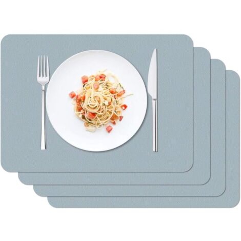 Lot de 4 sets de table imperméables et lavables, 42 x 30 cm, en PVC antidérapant et résistant à la chaleur, pour cuisine ou salle à manger. Couleurs : bleu et gris. (1/4)