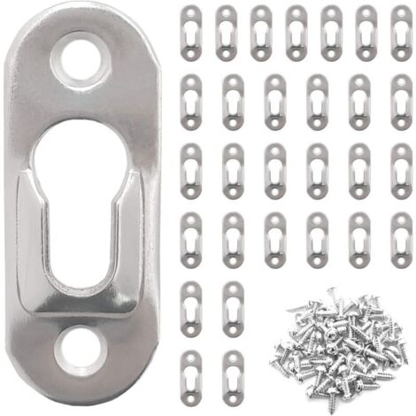 30 fixations métalliques à trou de serrure (42 mm x 16 mm) et 60 vis à trou de serrure pour la suspension de miroirs et de cadres photo dans les placards - Argent