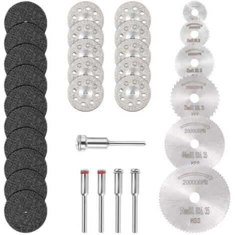 Mini disques de coupe diamantés, mini lames de scie circulaires HSS et mini disques de coupe pour résine (mandrins de 3 mm) pour bois, pierre et métal - Lot de 30 (1/4)