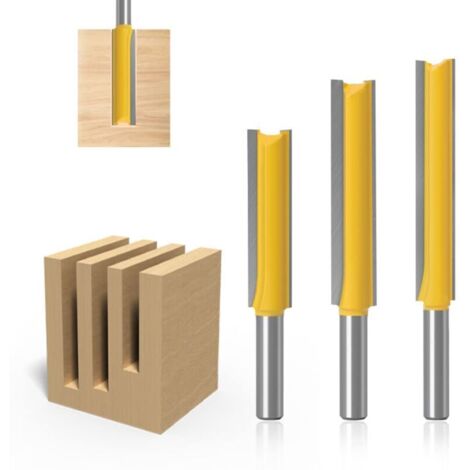 Jeu de 3 fraises droites à queue de 8 mm en carbure pour le travail du bois 3 fraises droites extra longues : 8 x 12,7 x 50, 8 x 12,7 x 63 et 8 x 12,7 x 76 mm (1/4)