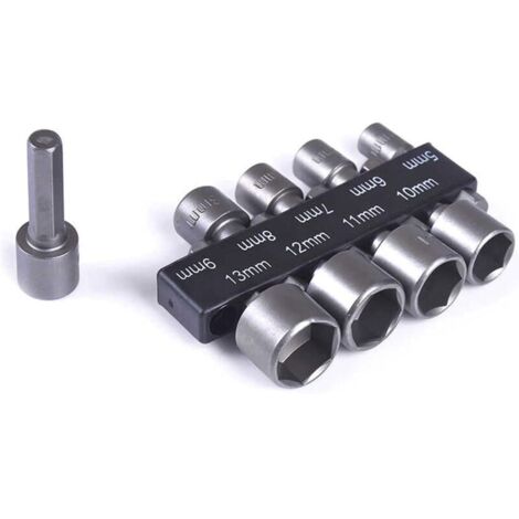 Jeu de 9 embouts de perçage à douille de 5 à 13 mm, compatible avec les perceuses à queue hexagonale de 6,35 mm (1/4 pouce), les visseuses et perceuses électriques et les visseuses sans fil. (1/4)