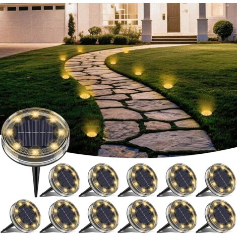 LOTMOS Lot de 12 Lampe Solaire Au Sol, 8 LED Lumiere Solaire Exterieur Jardin IP68 Étanche, Spot Solaire Extérieur pour Chemins Pelouse Terrasse Allée Cour Piscine Passerelle, Blanc (1/4)